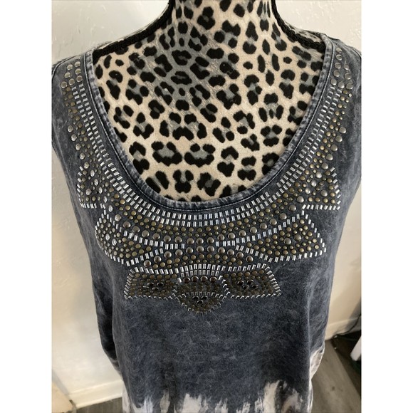 Maurices Top L Boho Hippie Gray Tye Die Studded Collar Fringe Hem Razor Back - Picture 2 of 5